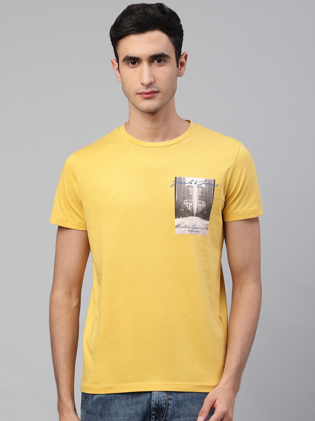 

Jack Jones Men Mustard Yellow Solid Round Neck Pure Cotton T-shirt