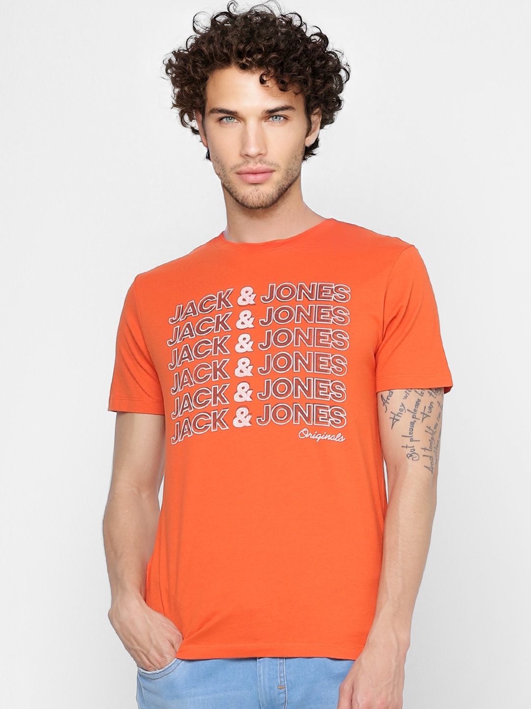 

Jack Jones Men Orange Brown Brand Logo Printed Round Neck Pure Cotton T-shirt