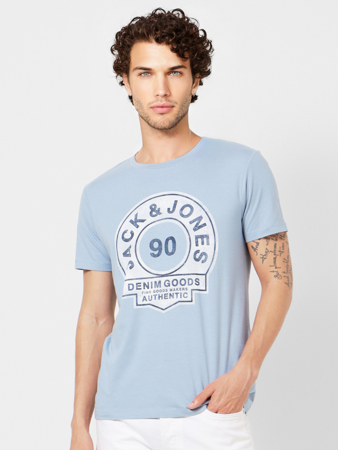 

Jack Jones Men Blue White Brand Logo Print Round Neck Pure Cotton T-shirt