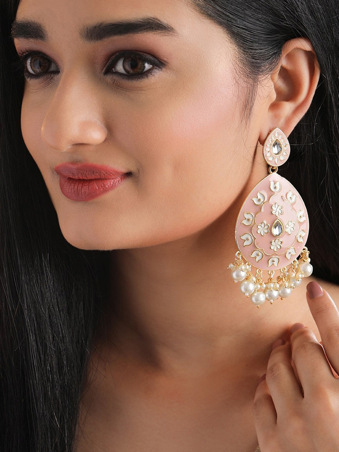 

Rubans Pink Gold-Plated Stone-Studded & Beaded Handcrafted Enamelled Drop Earrings