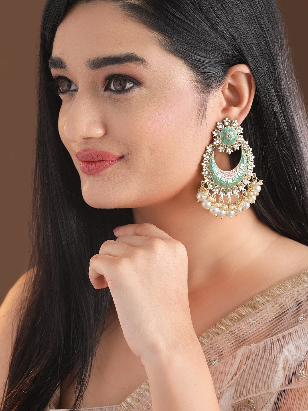 

Rubans Green Gold-Plated Stone-Studded & Beaded Handcrafted Enamelled Chandbalis