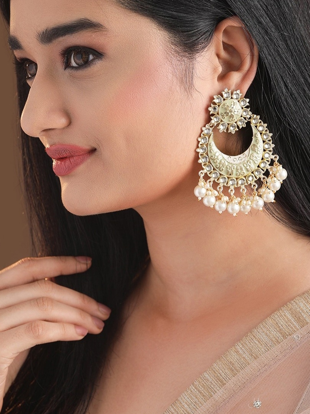 

Rubans Green Gold Plated Stone-Studded & Beaded Handcrafted Enamelled Chandbalis