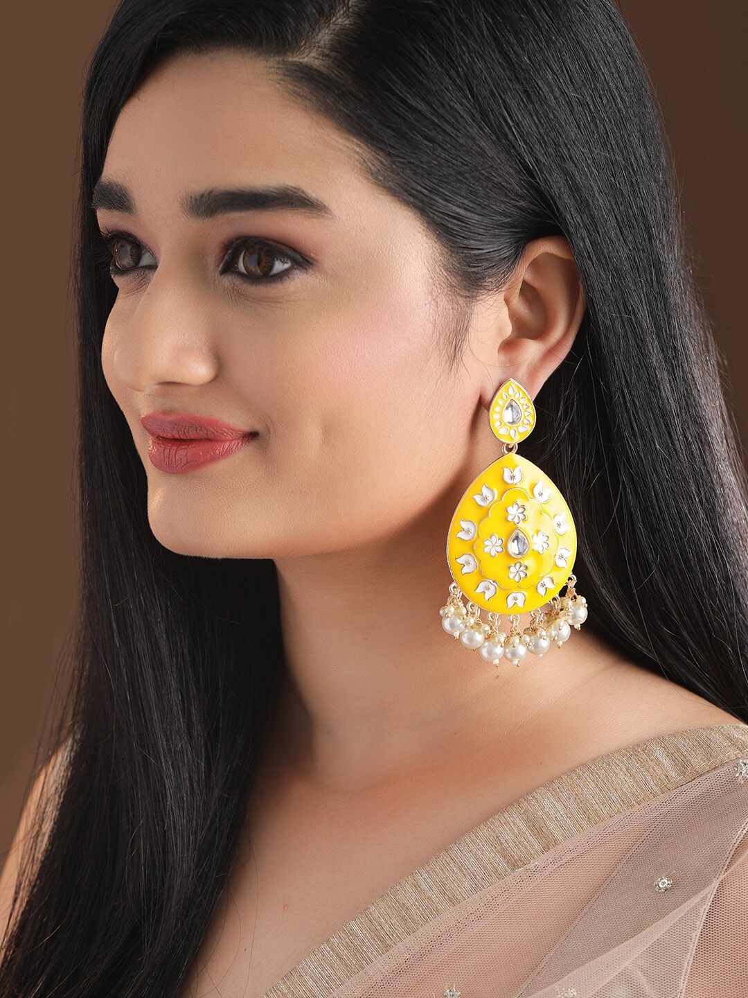 

Rubans Yellow Gold Plated Stone-Studded & Beaded Handcrafted Enamelled Drop Earrings