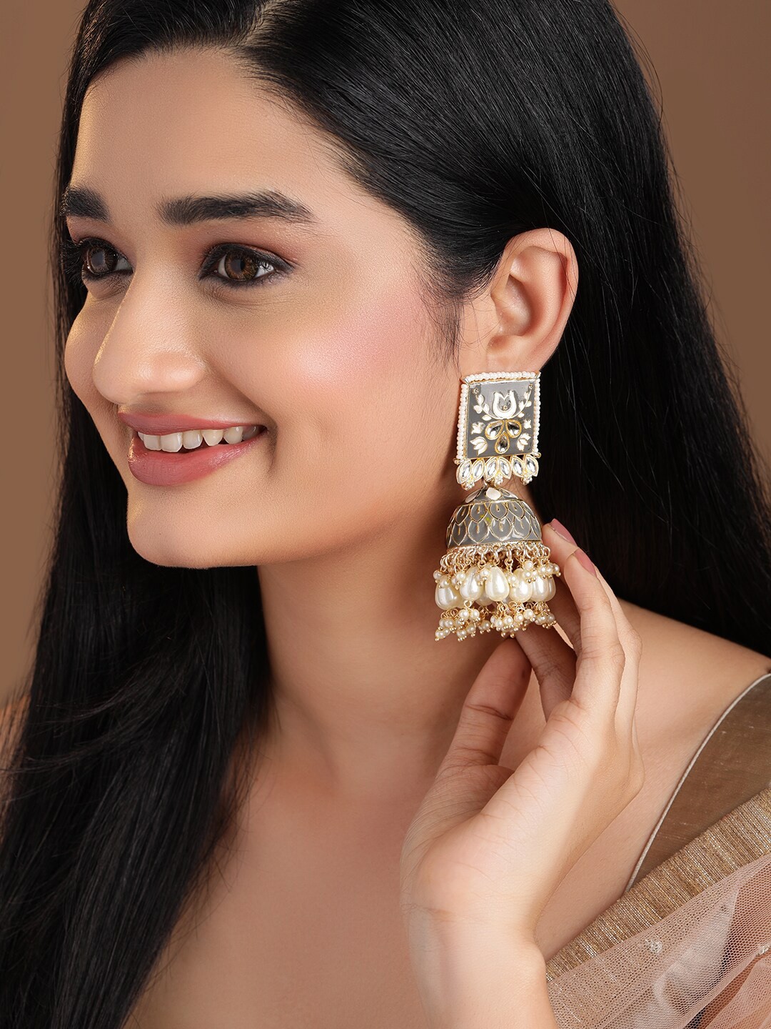 

Rubans Charcoal Grey Gold Plated Stone Studded & Beaded Handcrafted Enamelled Jhumkas