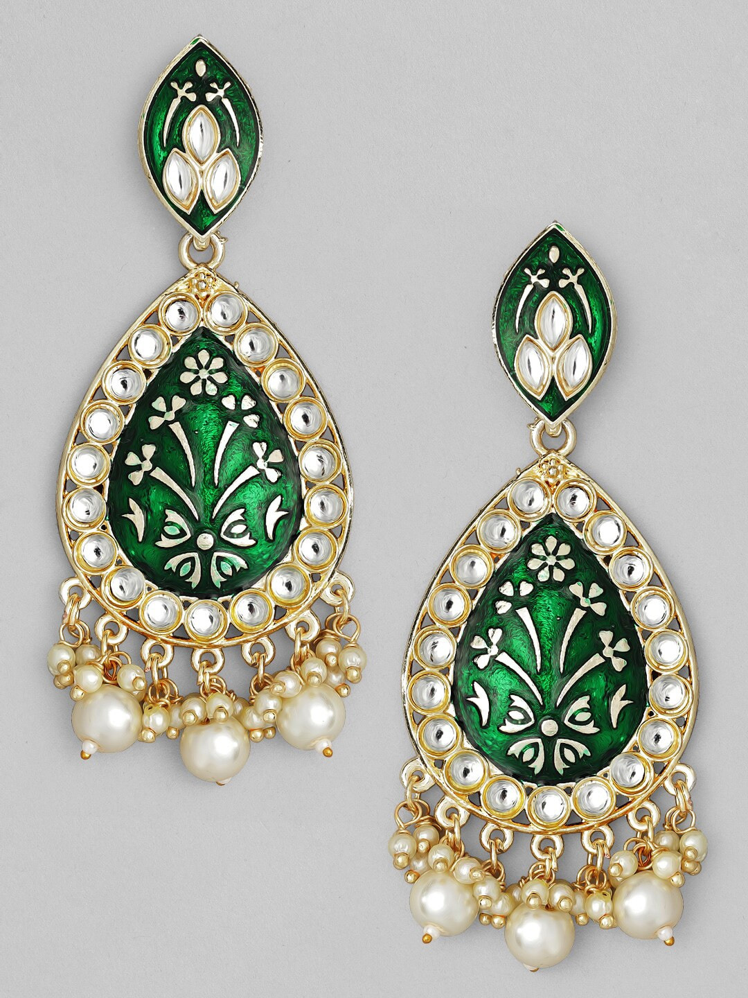 

Rubans Green Gold Plated Kundan Studded & Beaded Handcrafted Enamelled Drop Earrings