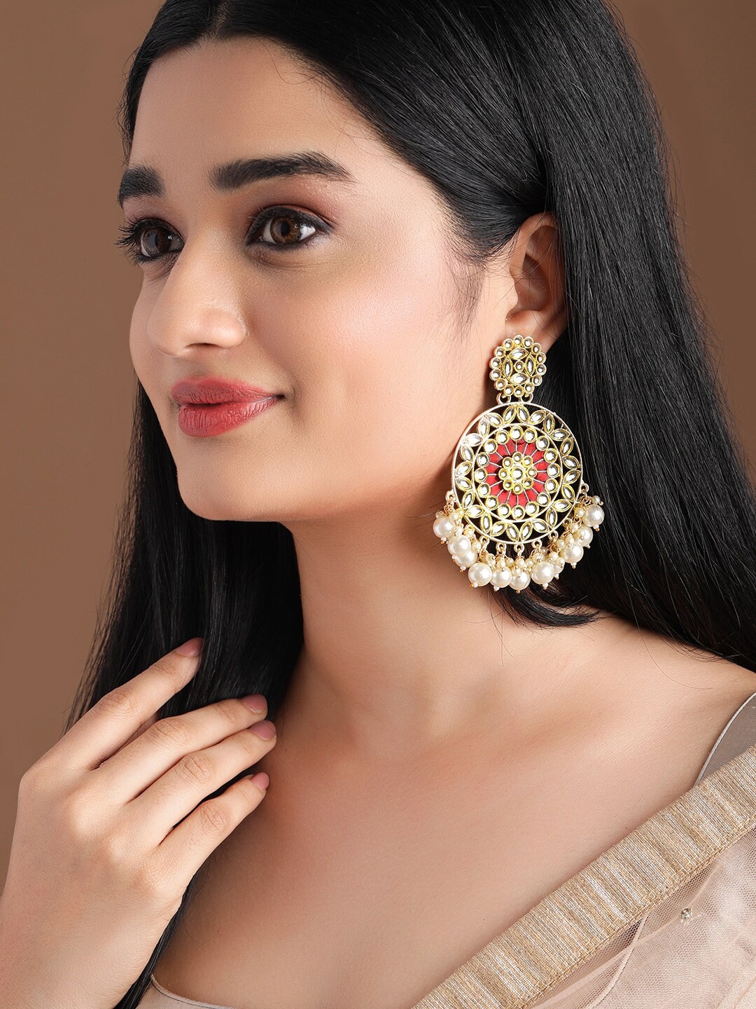 

Rubans Gold-Plated Red Enamel Kundan Studded & Pearl Handcrafted Drop Earrings
