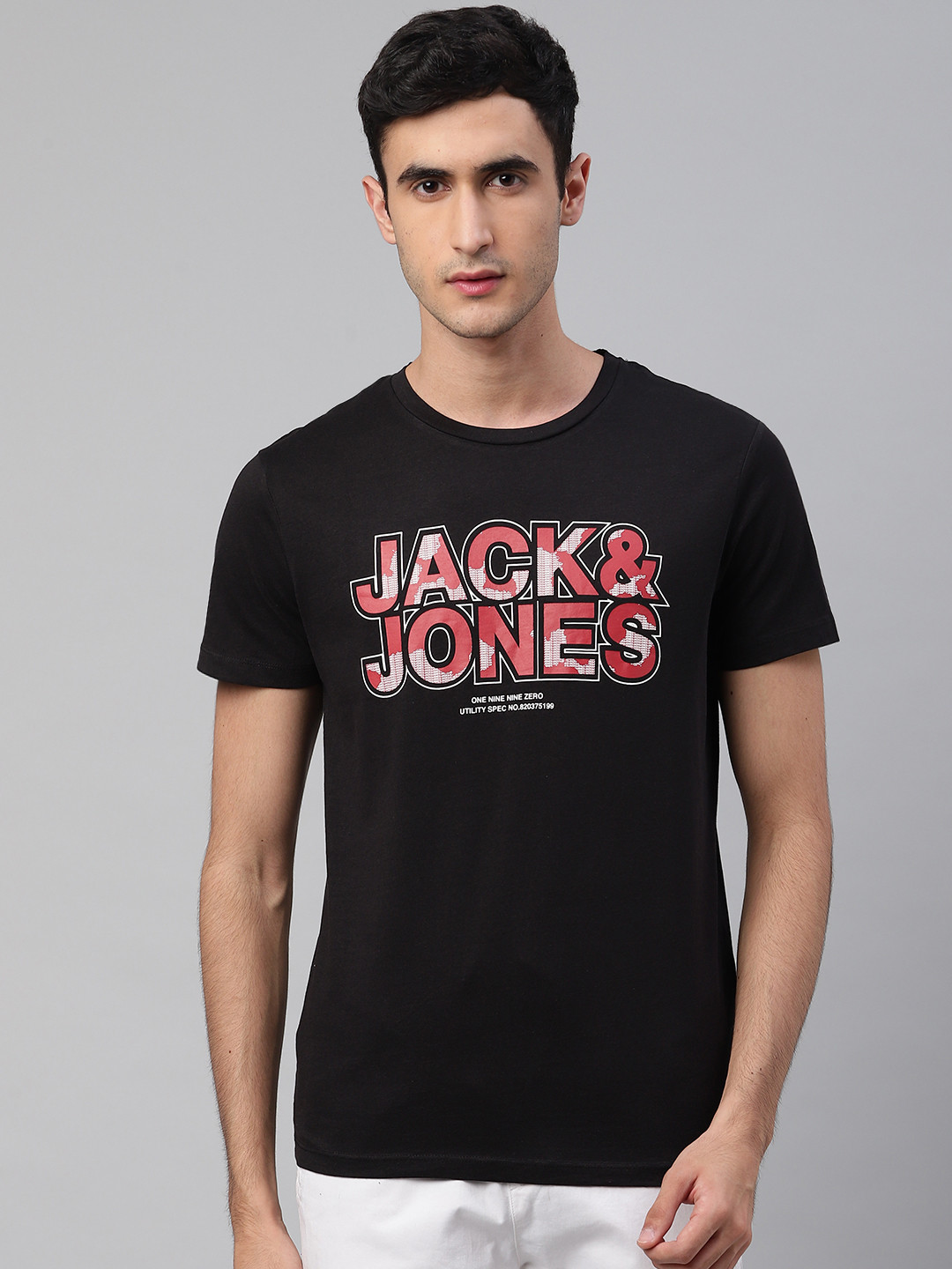 

Jack & Jones Men Black & Red Brand Logo Printed Round Neck T-shirt