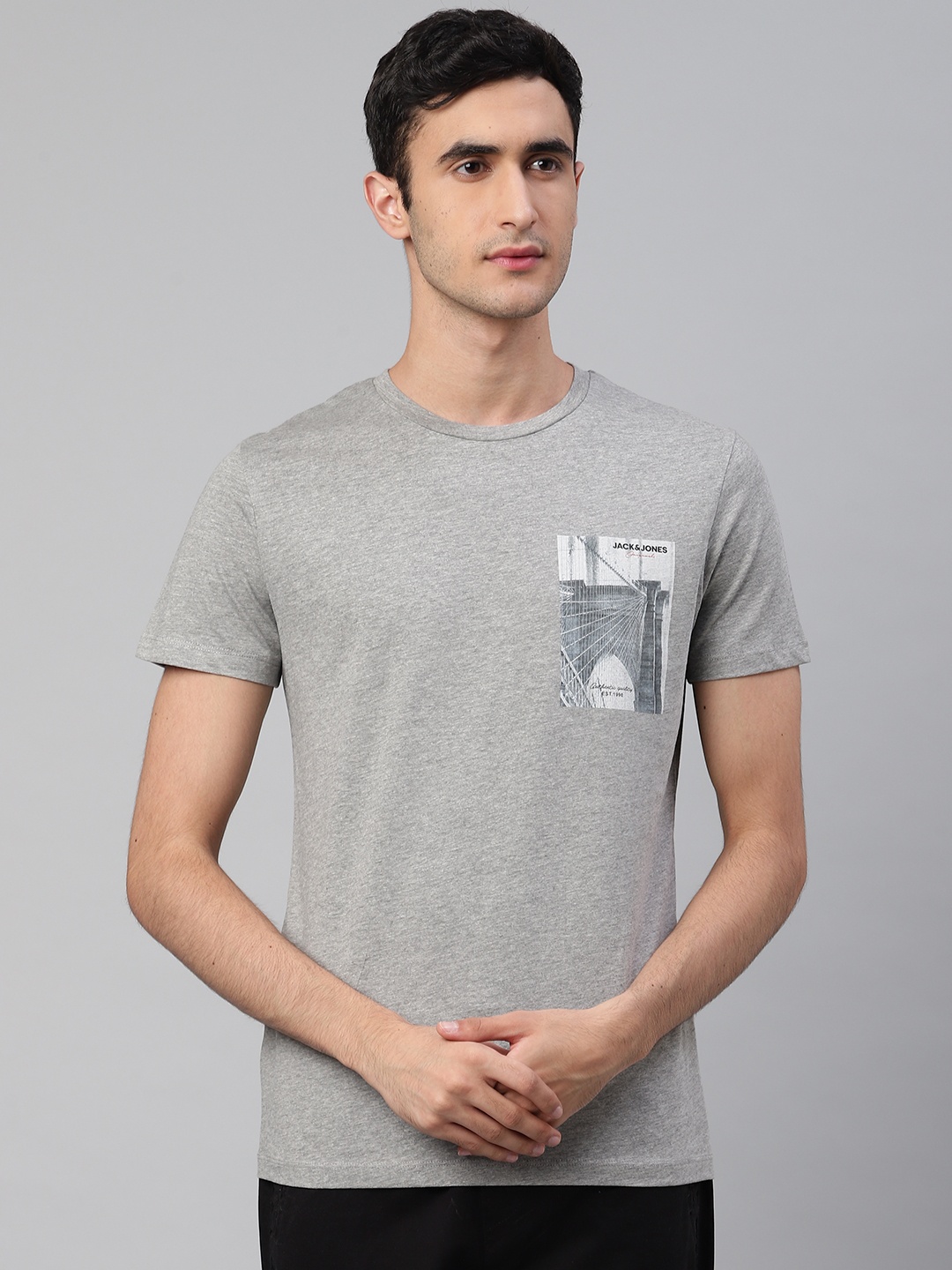 

Jack & Jones Men Grey Melange Solid Round Neck T-shirt