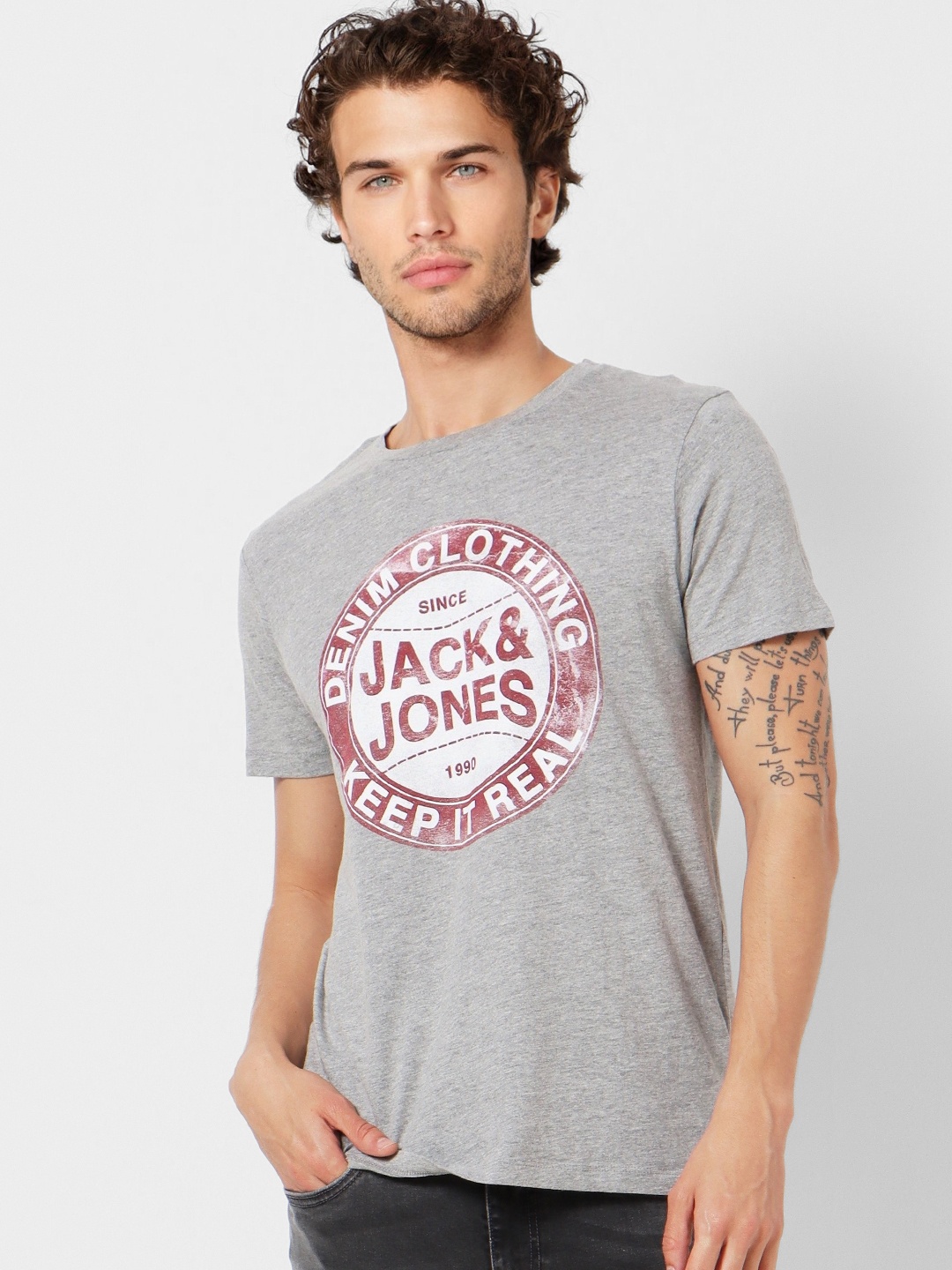 

Jack & Jones Men Grey Melange & Maroon Brand Logo Print Round Neck T-shirt