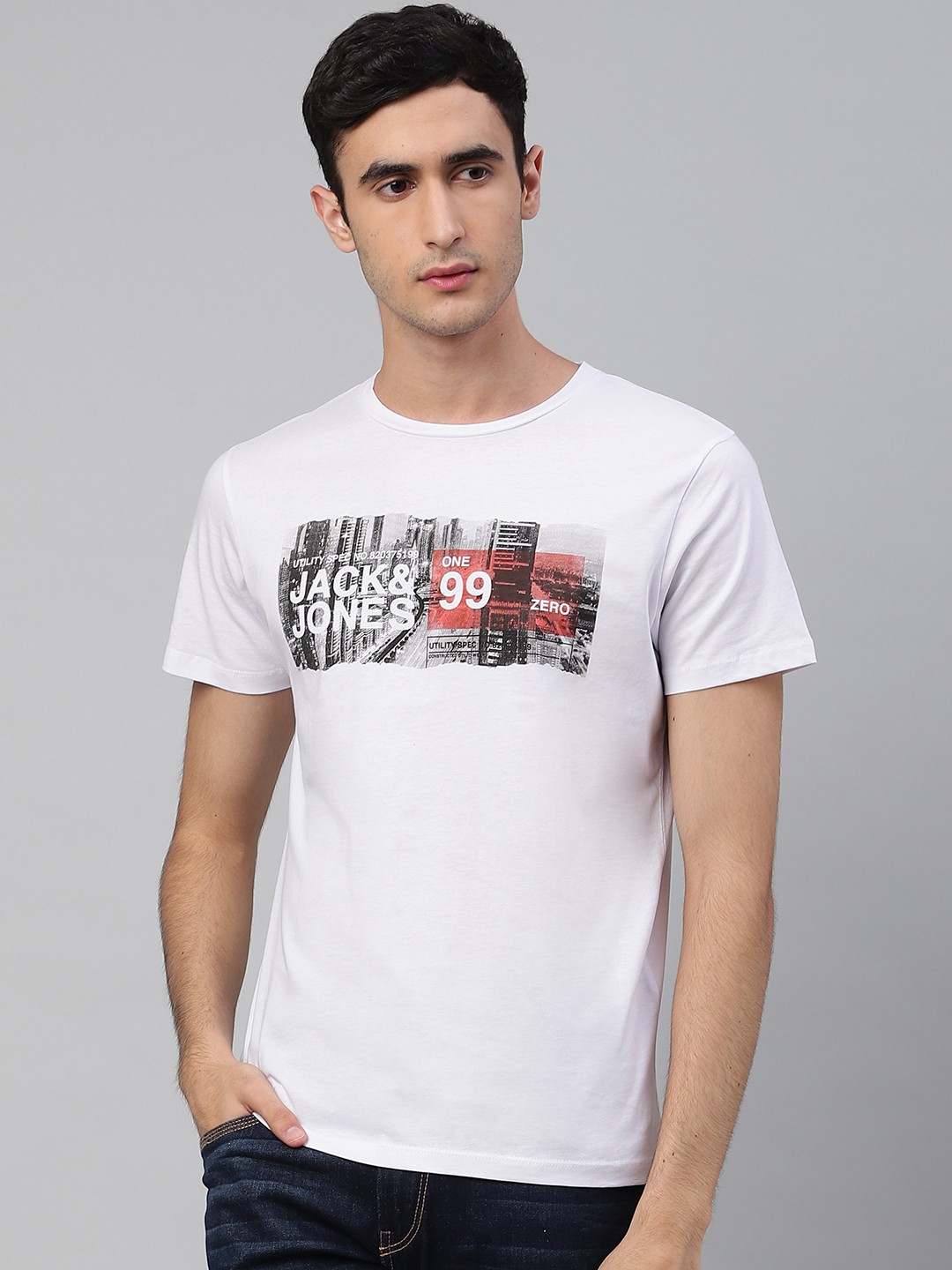 

Jack & Jones Men White & Black Printed Round Neck T-shirt