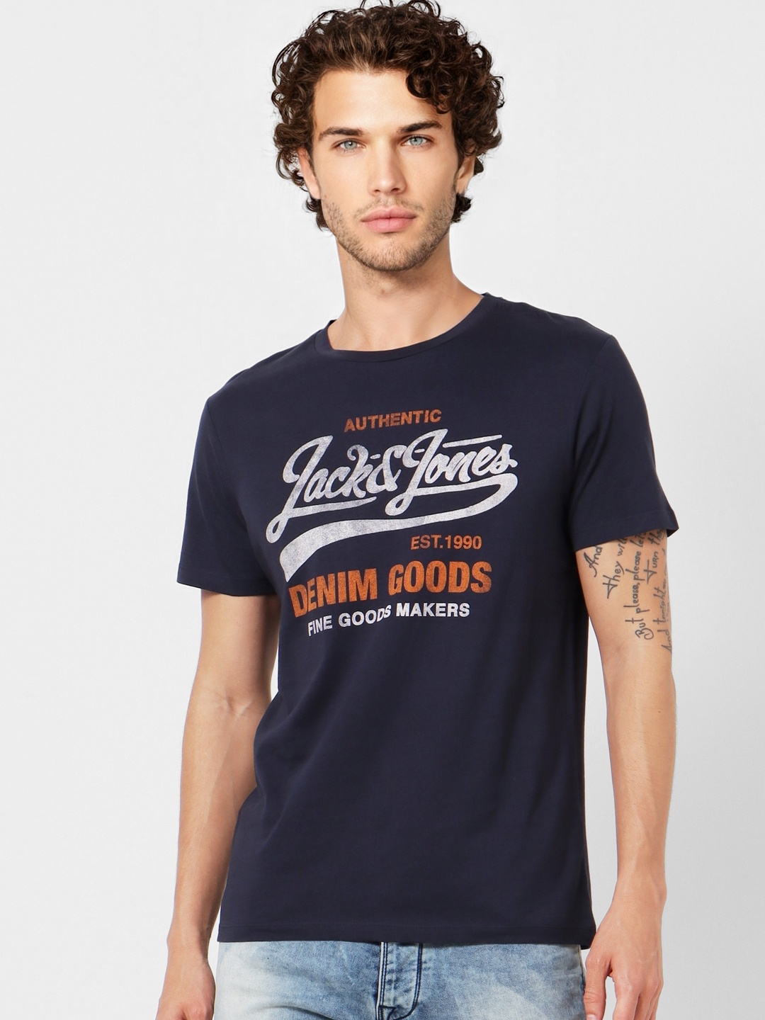 

Jack Jones Men Navy Blue White Brand Logo Print Round Neck Pure Cotton T-shirt