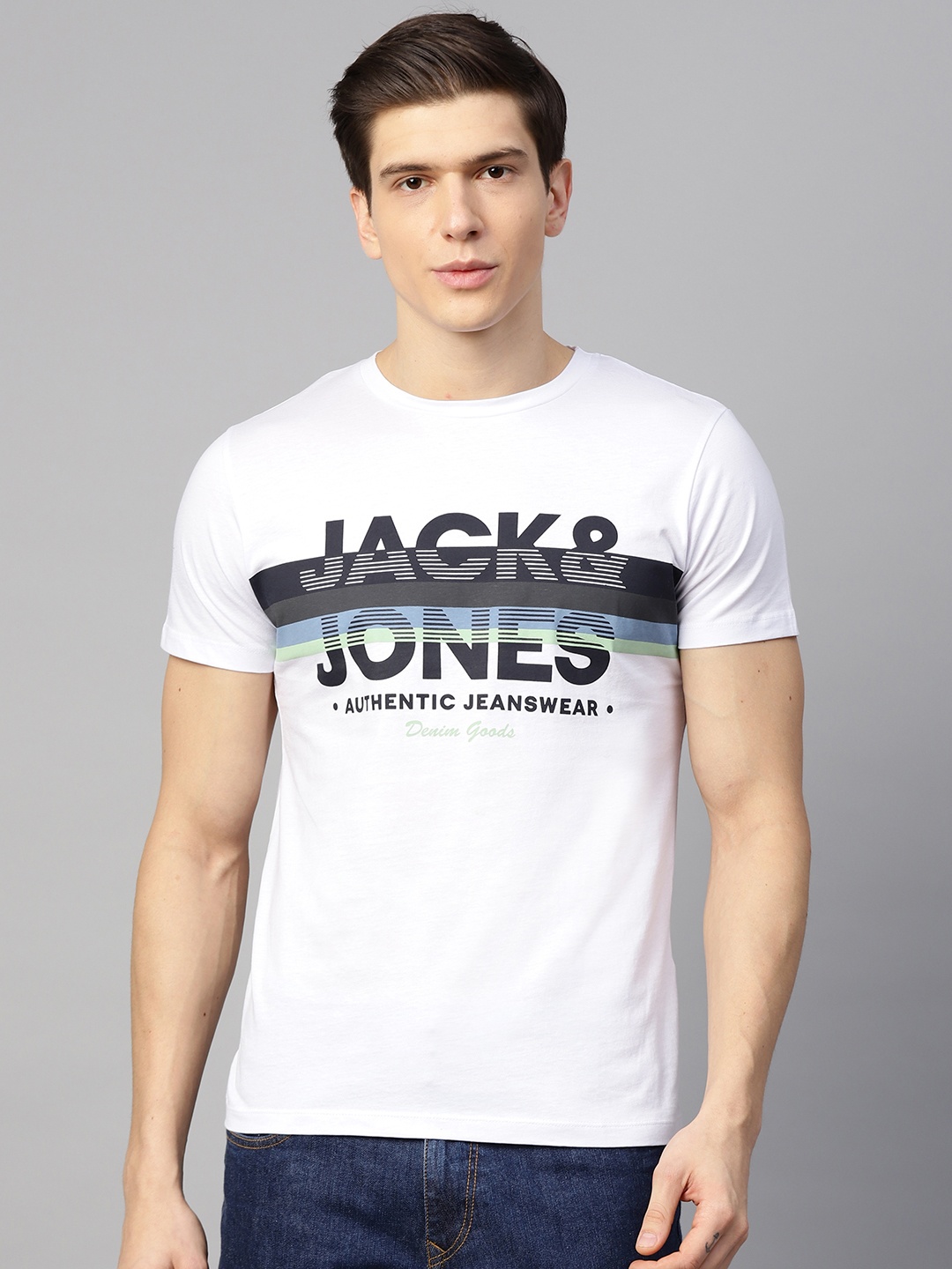 

Jack Jones Men White Printed Round Neck Pure Cotton T-shirt