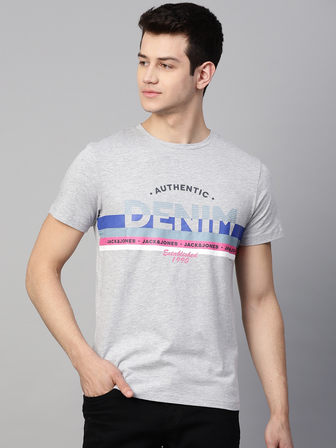 

Jack Jones Men Grey Melange Blue Printed Round Neck Pure Cotton T-shirt