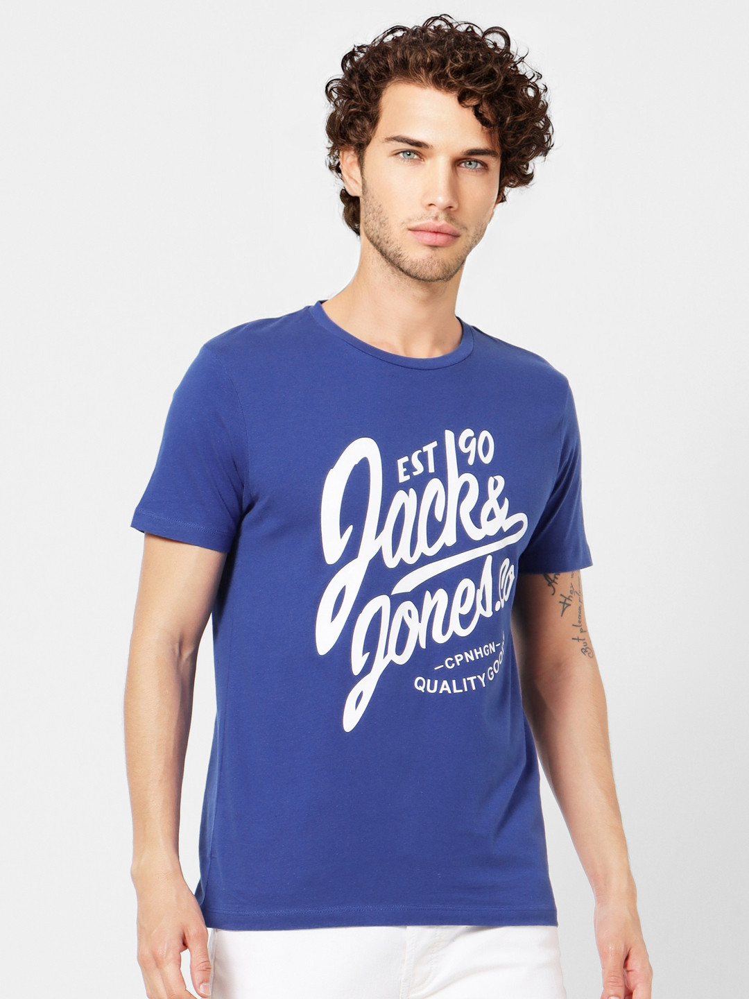 

Jack Jones Men Blue White Brand Logo Print Round Neck Pure Cotton T-shirt
