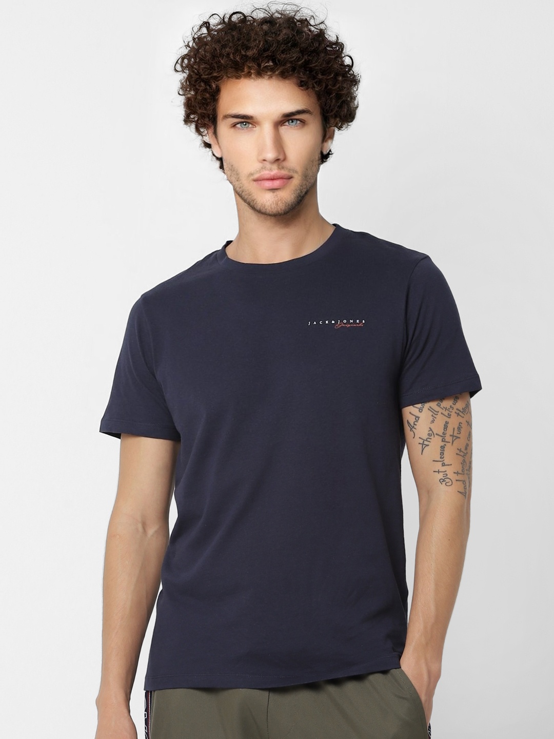 

Jack Jones Men Navy Blue Solid Round Neck Pure Cotton T-shirt