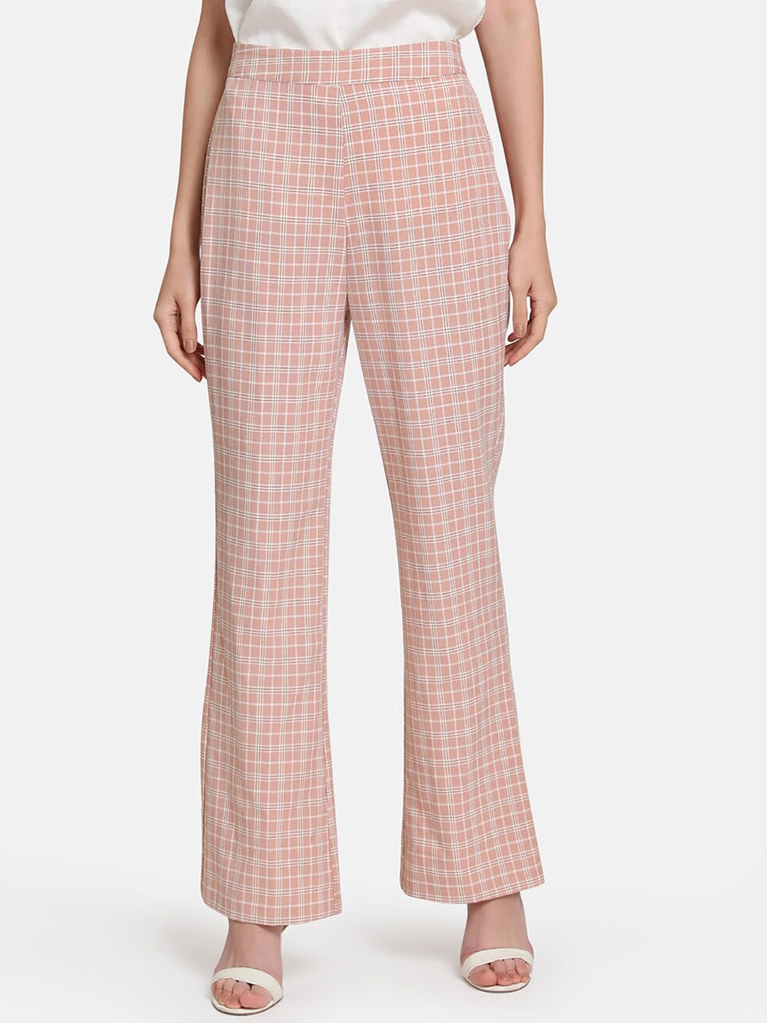 

Kazo Women Pink & Off-White Regular Fit Checked Bootcut Trousers