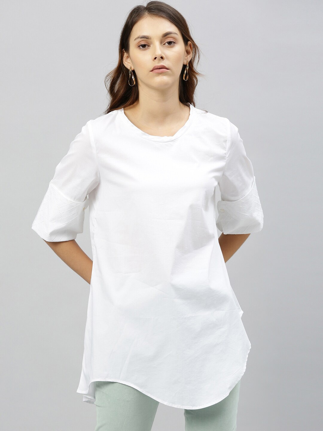 

RAREISM Women White Solid Longline Asymmetric Top