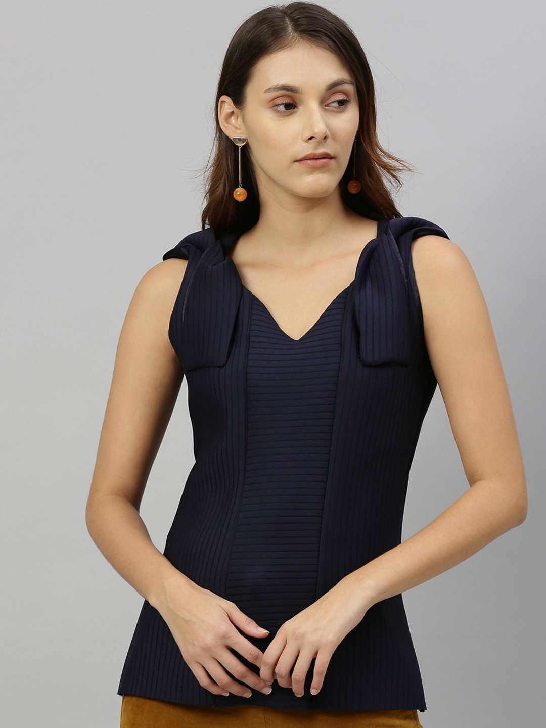 

RAREISM Women Navy Blue Self Design Fitted Top
