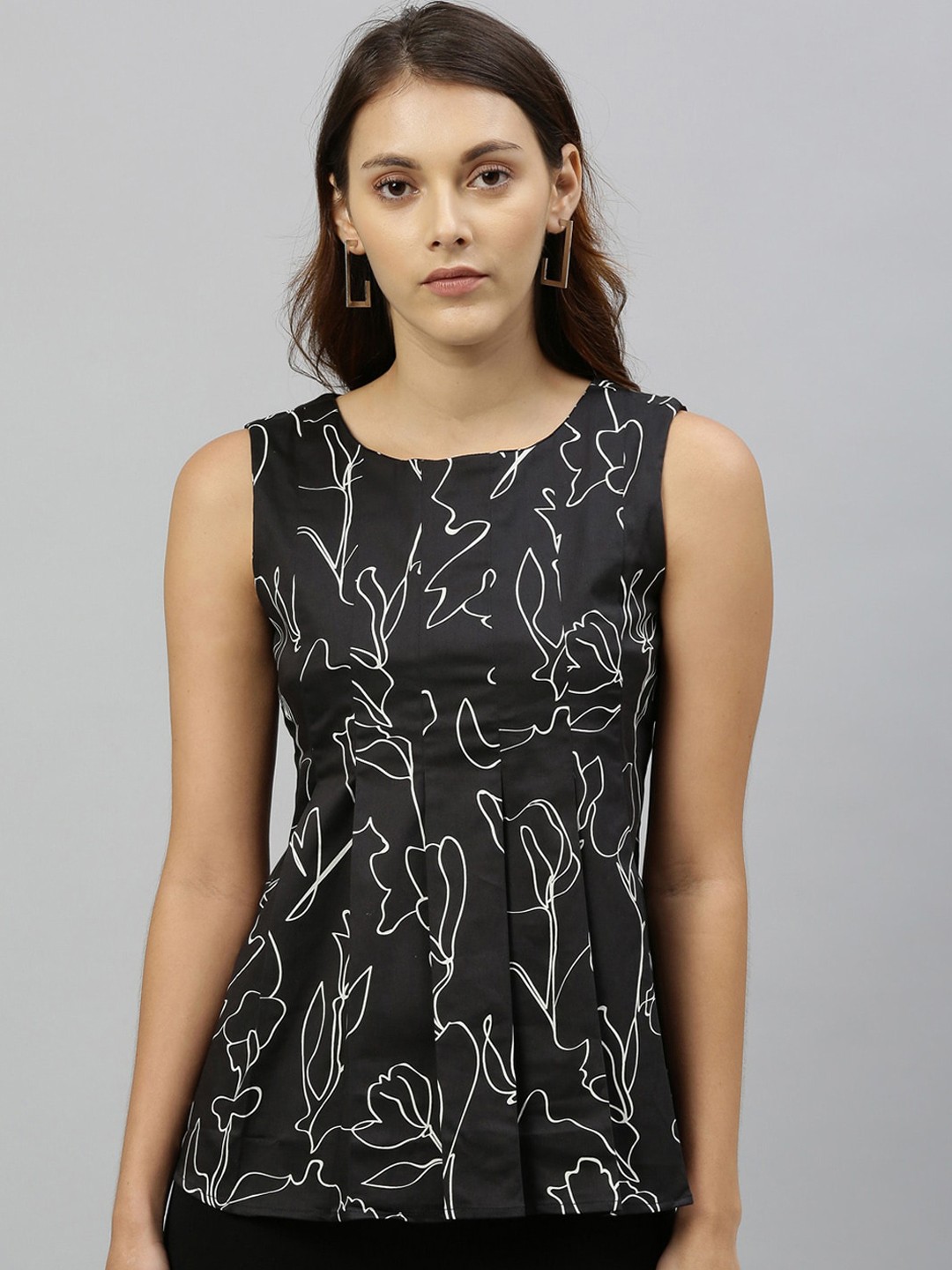 

RAREISM Women Black Abstract Print Peplum Top