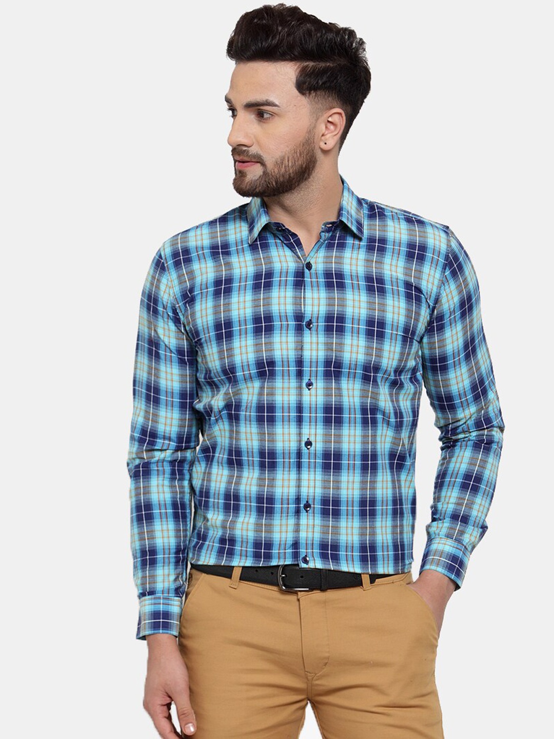 

JAINISH Men Turquoise Blue & Navy Blue Regular Fit Checked Casual Shirt