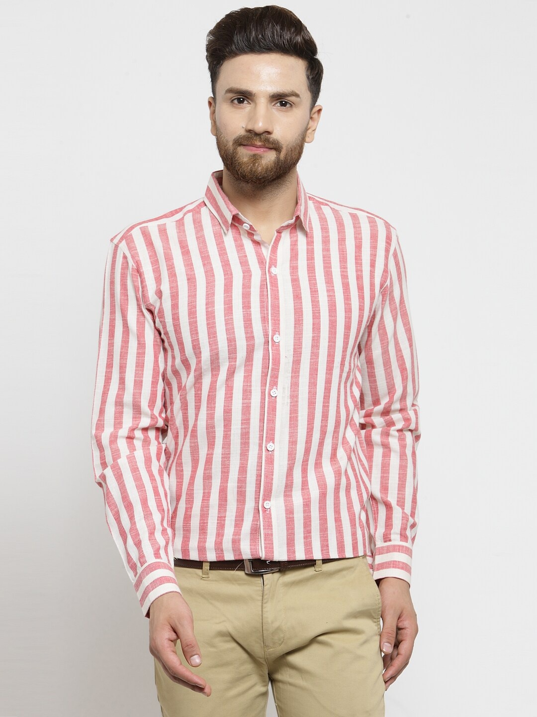 

JAINISH Men White & Coral Pink Regular Fit Striped Casual Shirt