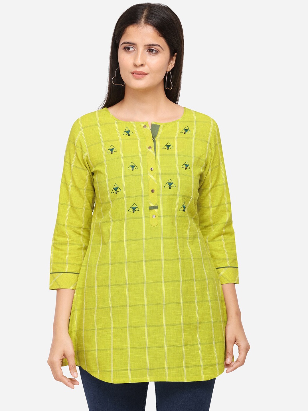 

Kvsfab Women Lime Green Checked & Embroidered Tunic