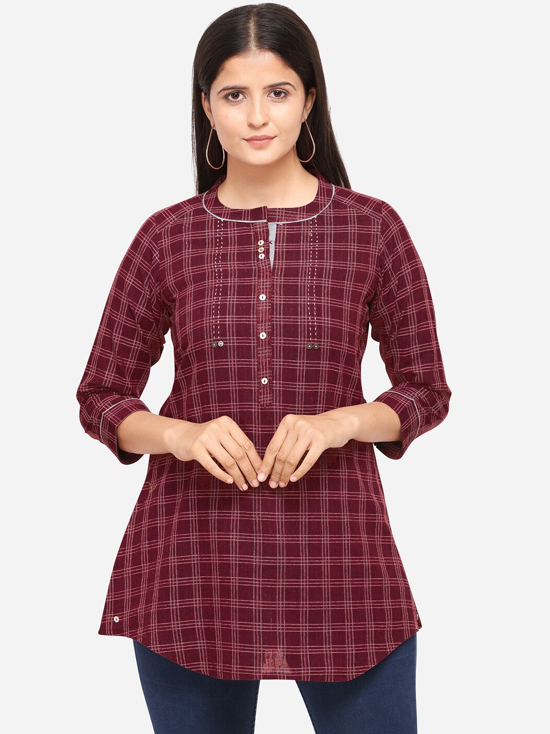 

Kvsfab Women Maroon Checked Tunic