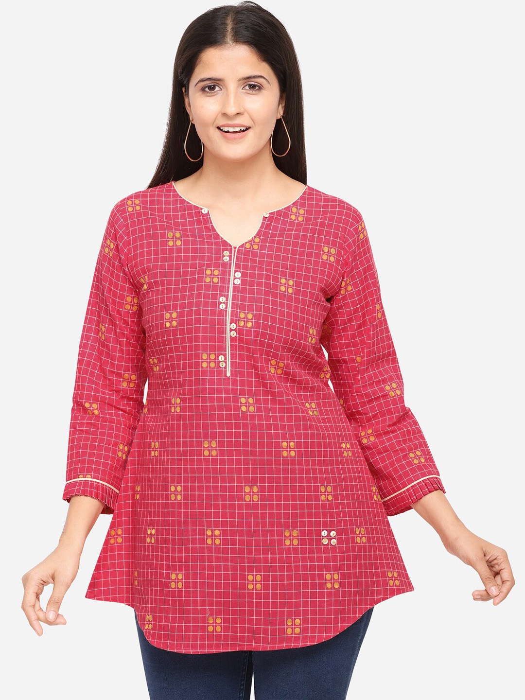 

Kvsfab Women Pink Checked Tunic