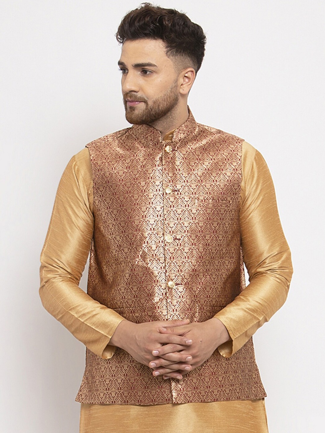 

Jompers Men Maroon Woven Design Nehru Jacket