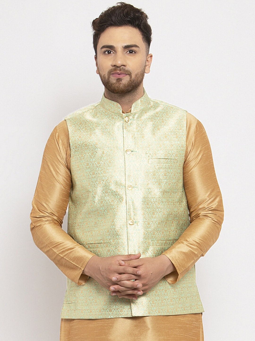

Jompers Men Green Woven Design Nehru Jacket