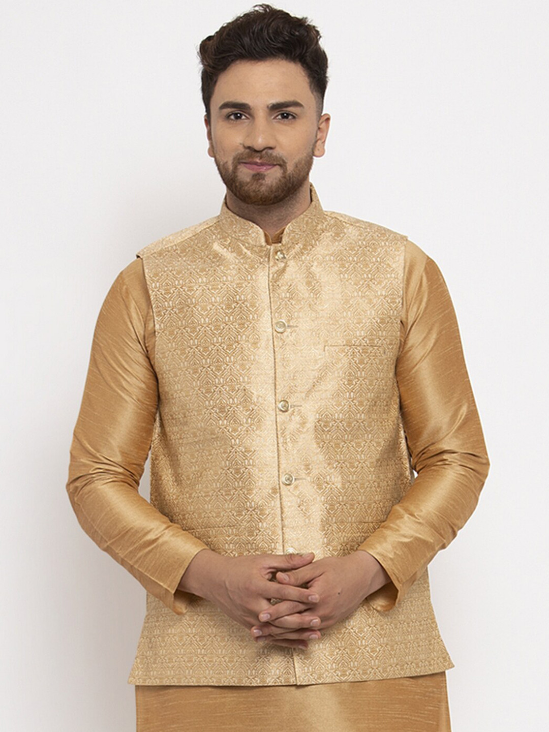 

Jompers Men Gold-Coloured Woven Design Nehru Jacket