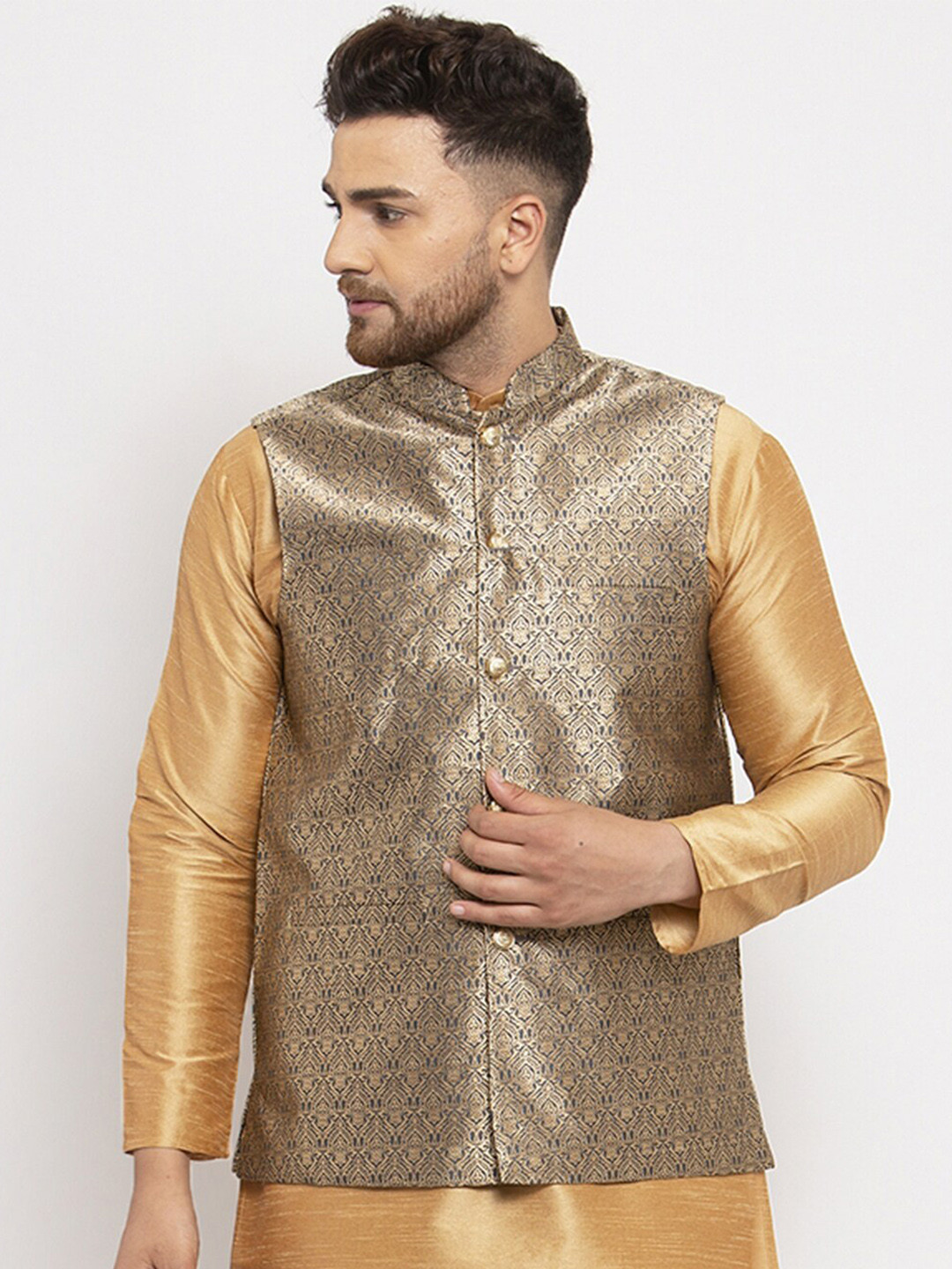 

Jompers Men Grey & Gold-Coloured Woven Design Nehru Jacket