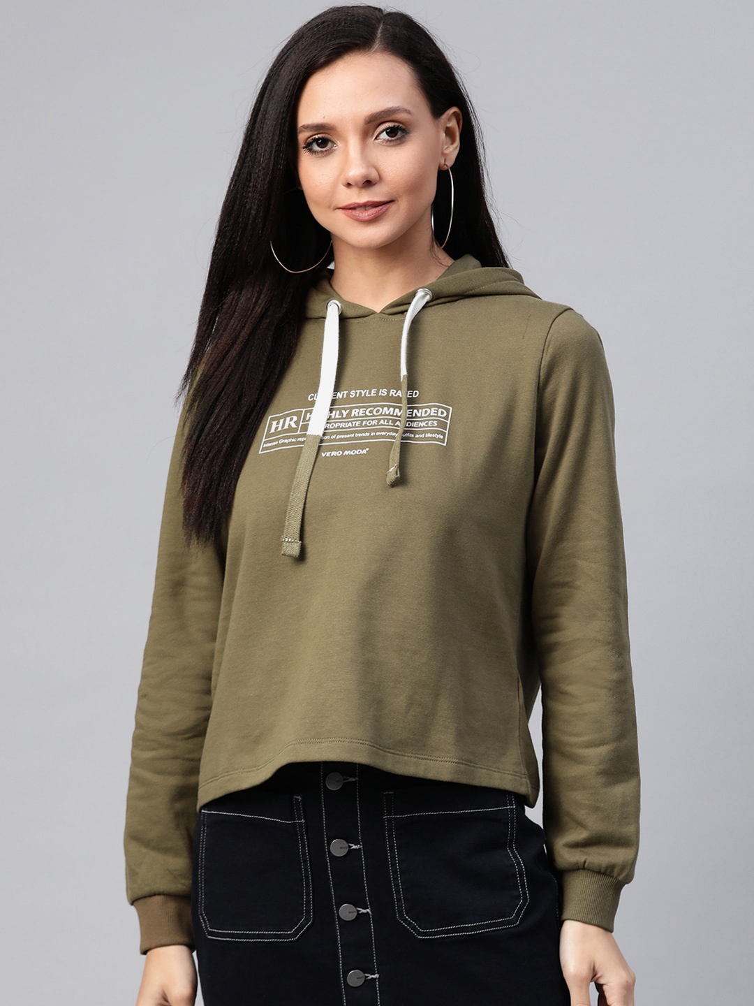 

Vero Moda Women Olive Green Solid Hooded Sweatshirt