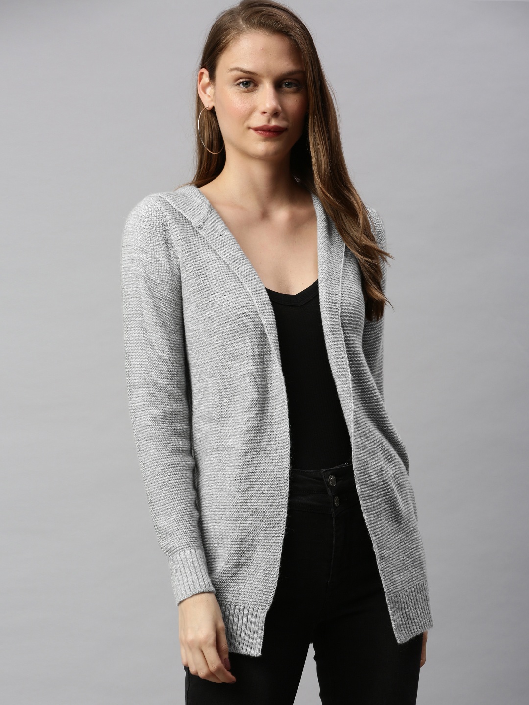 

Vero Moda Women Grey Self Design Front-Open Sweater