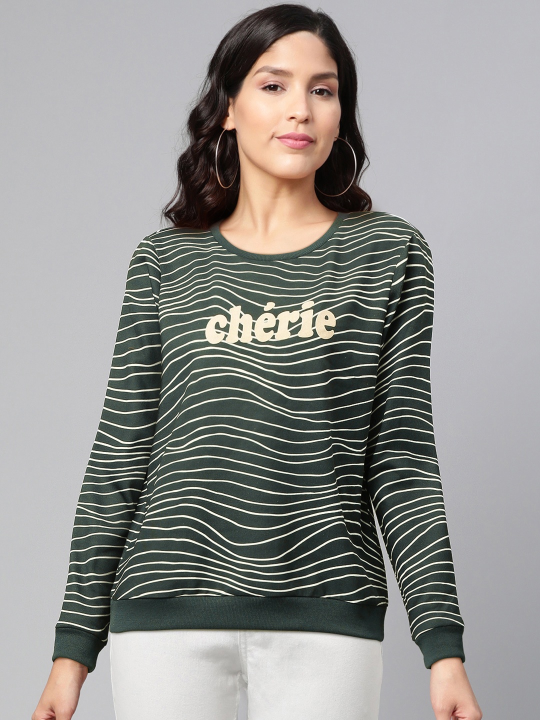 

Vero Moda Women Green & White Striped Sweatshirt