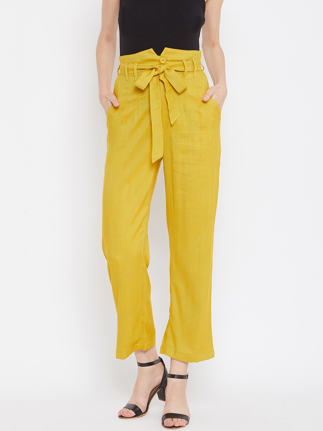 

Zastraa Women Yellow Slim Fit Solid High-Rise Regular Trousers