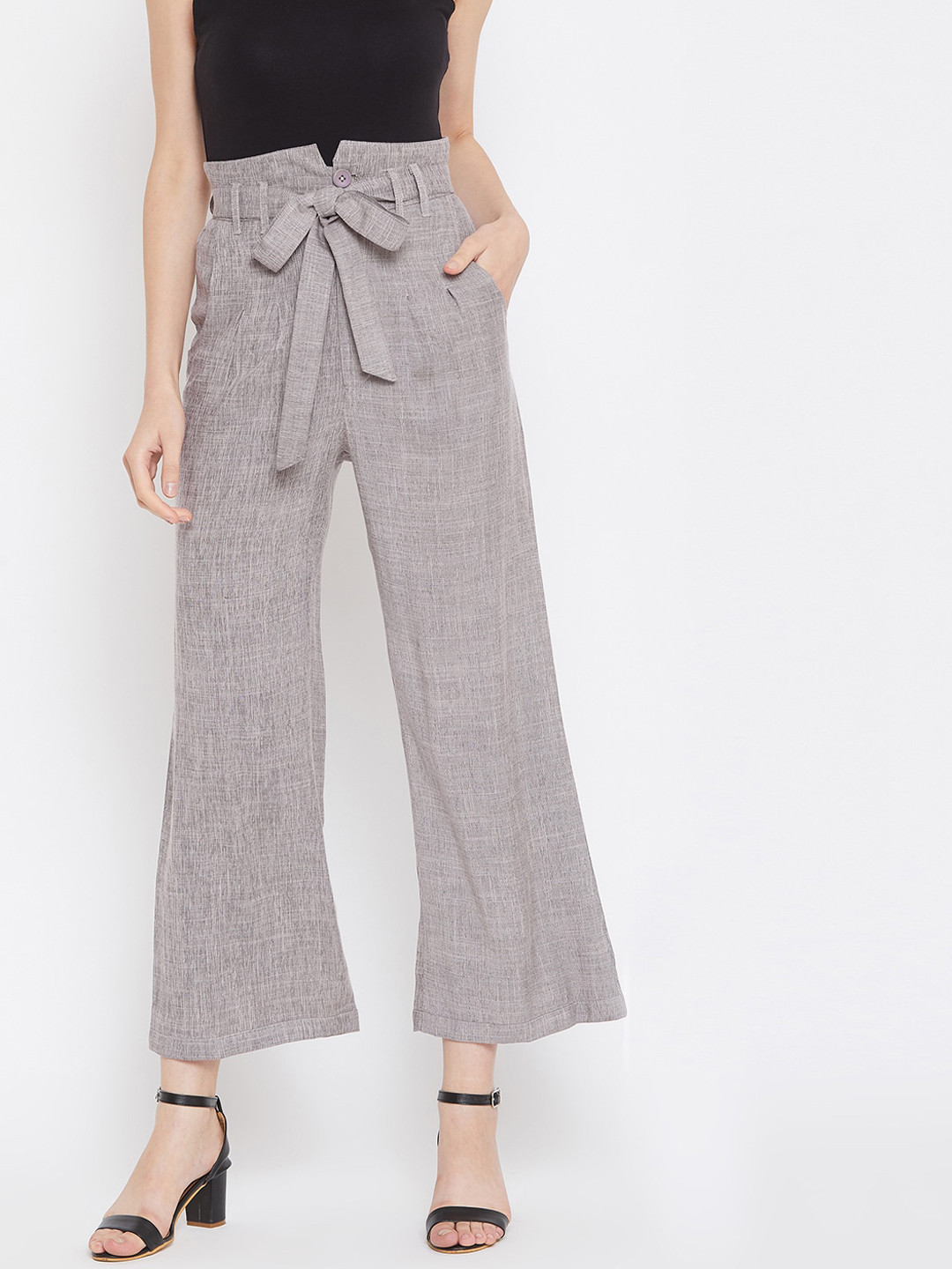 

Zastraa Women Grey Flared Fit Self-Design High-Rise Parallel Trousers