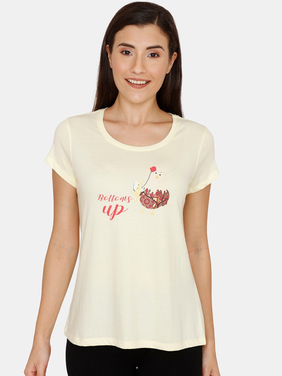 

Zivame Women Off-White Printed Round Neck Pure Cotton T-shirt