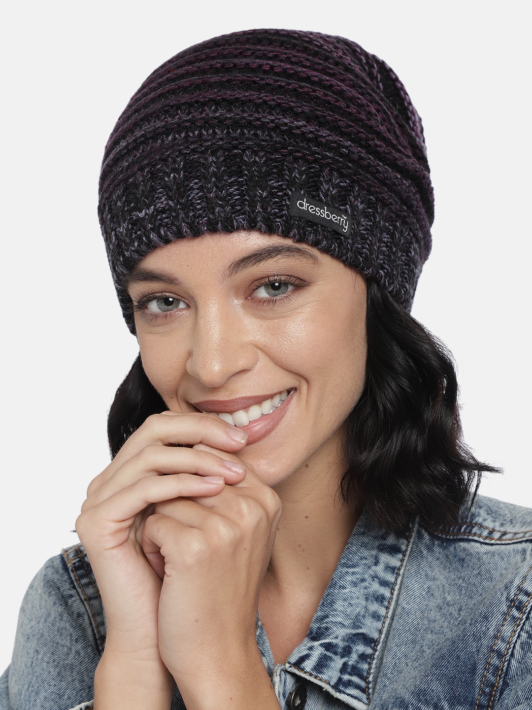 

DressBerry Women Black & Purple Self Design Acrylic Beanie