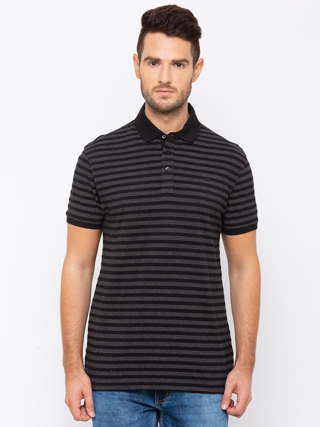 

Globus Men Black & White Striped Polo Collar T-shirt