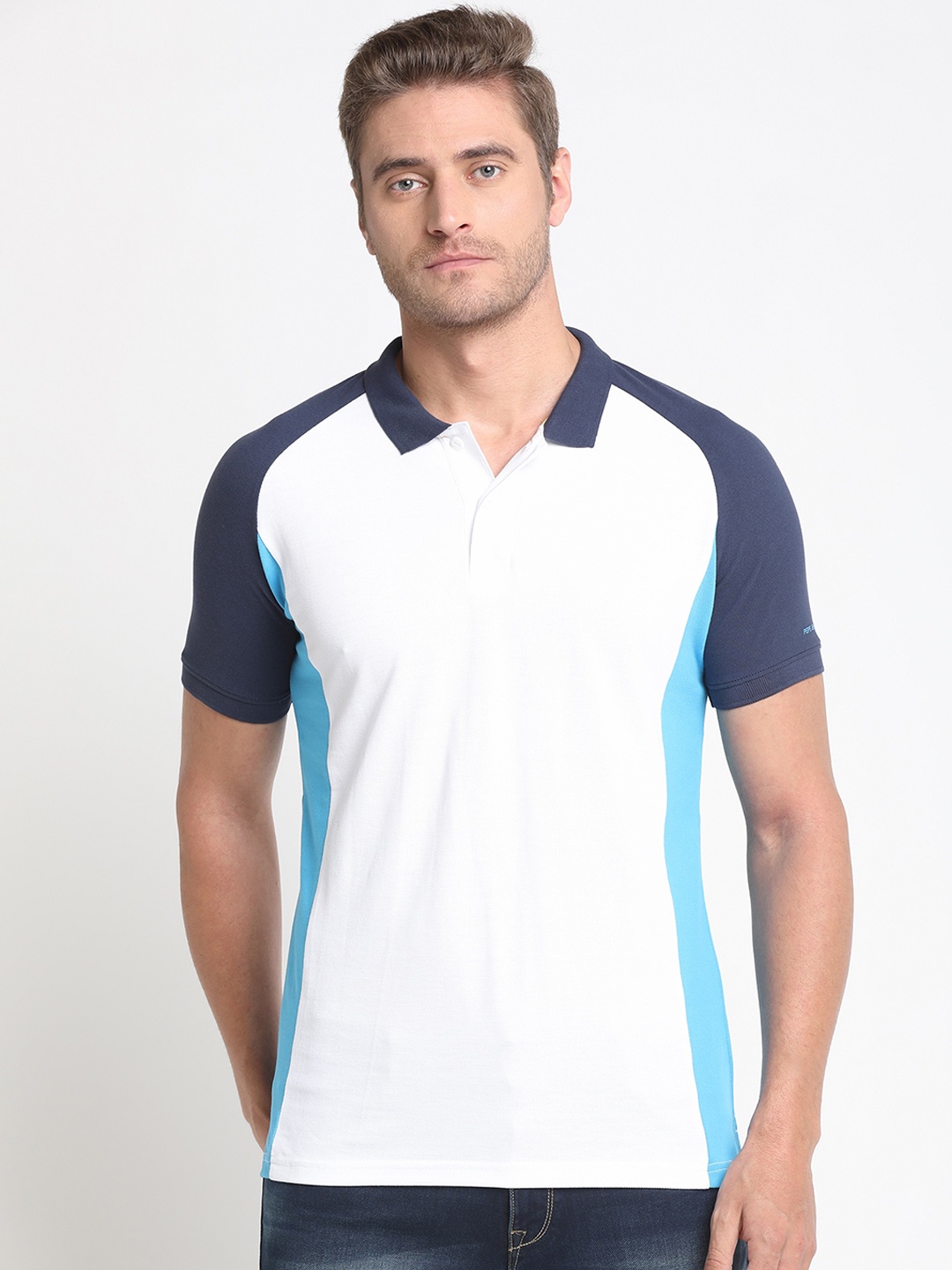 

Pepe Jeans Men Blue & White Colourblocked Polo Collar T-shirt