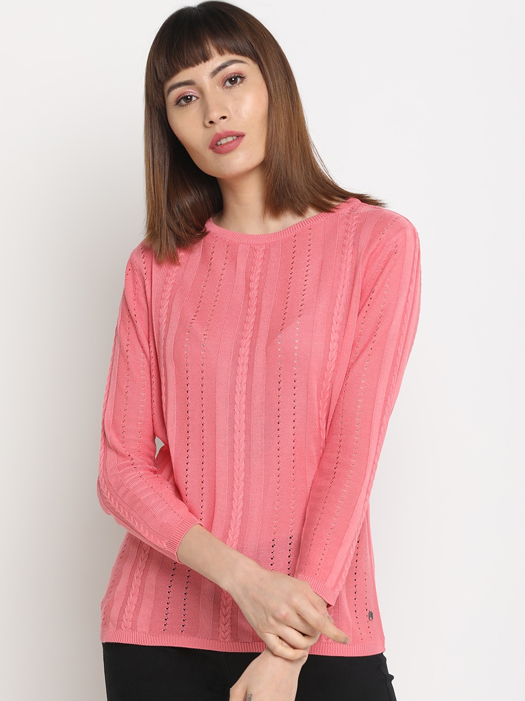 

Pepe Jeans Women Coral Pink Self Design Round Neck T-shirt