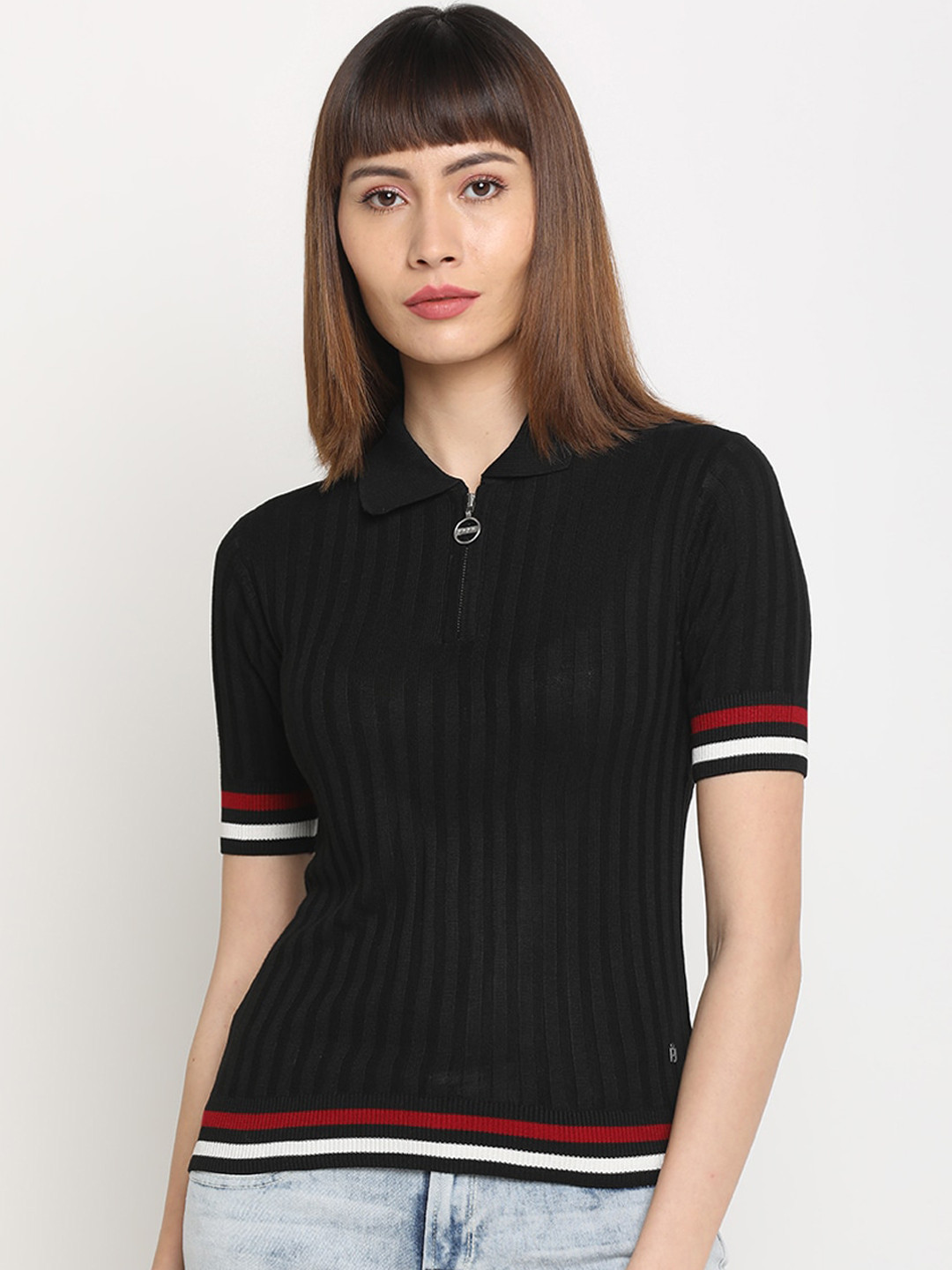 

Pepe Jeans Women Black Solid Polo Collar T-shirt