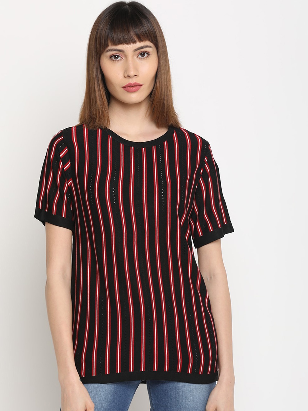 

Pepe Jeans Women Black & Red Striped Round Neck T-shirt