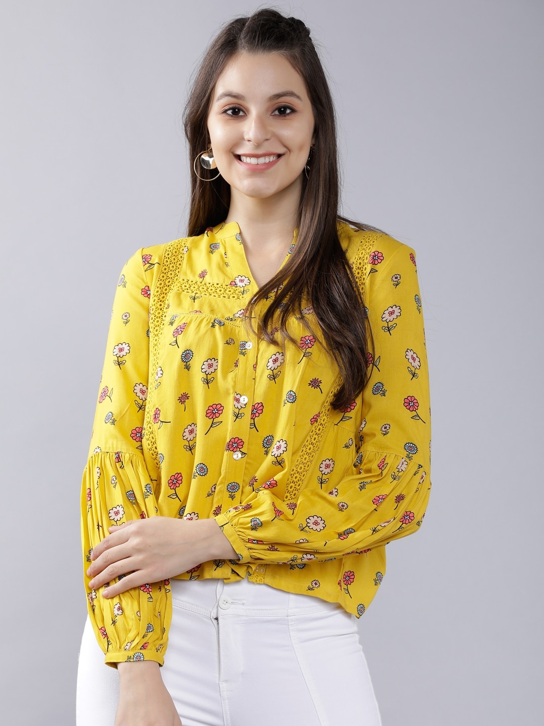 

Vishudh Women Yellow & Pink Floral Print Shirt Style Top with Lace Inserts