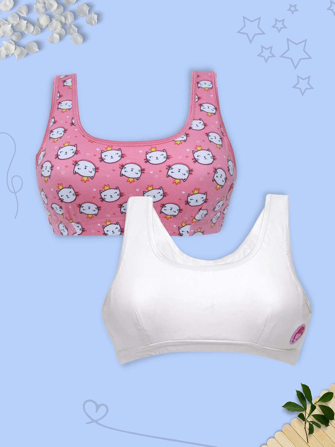

Girls Pack Of 2 Double Layer Premium Cotton Non-Wired Non Padded Beginners Bra DCBR6214/xxxs, Pink