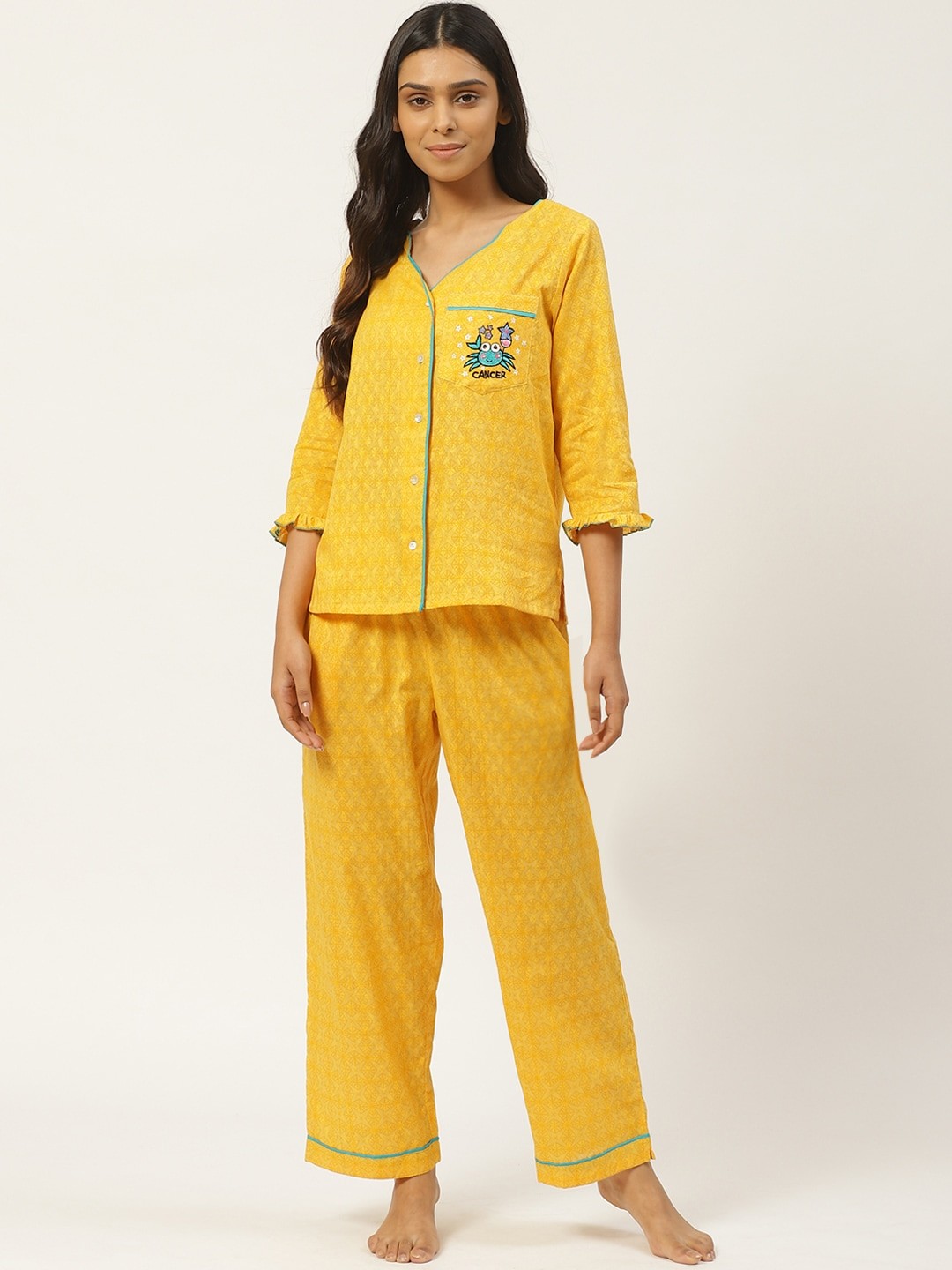 

Laabha Women Yellow Printed Zodiac Cancer Night Suit