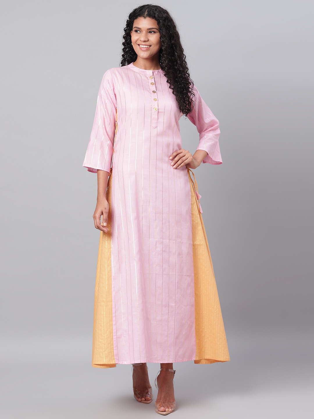 

Myshka Women Pink & Golden Striped Maxi Dress