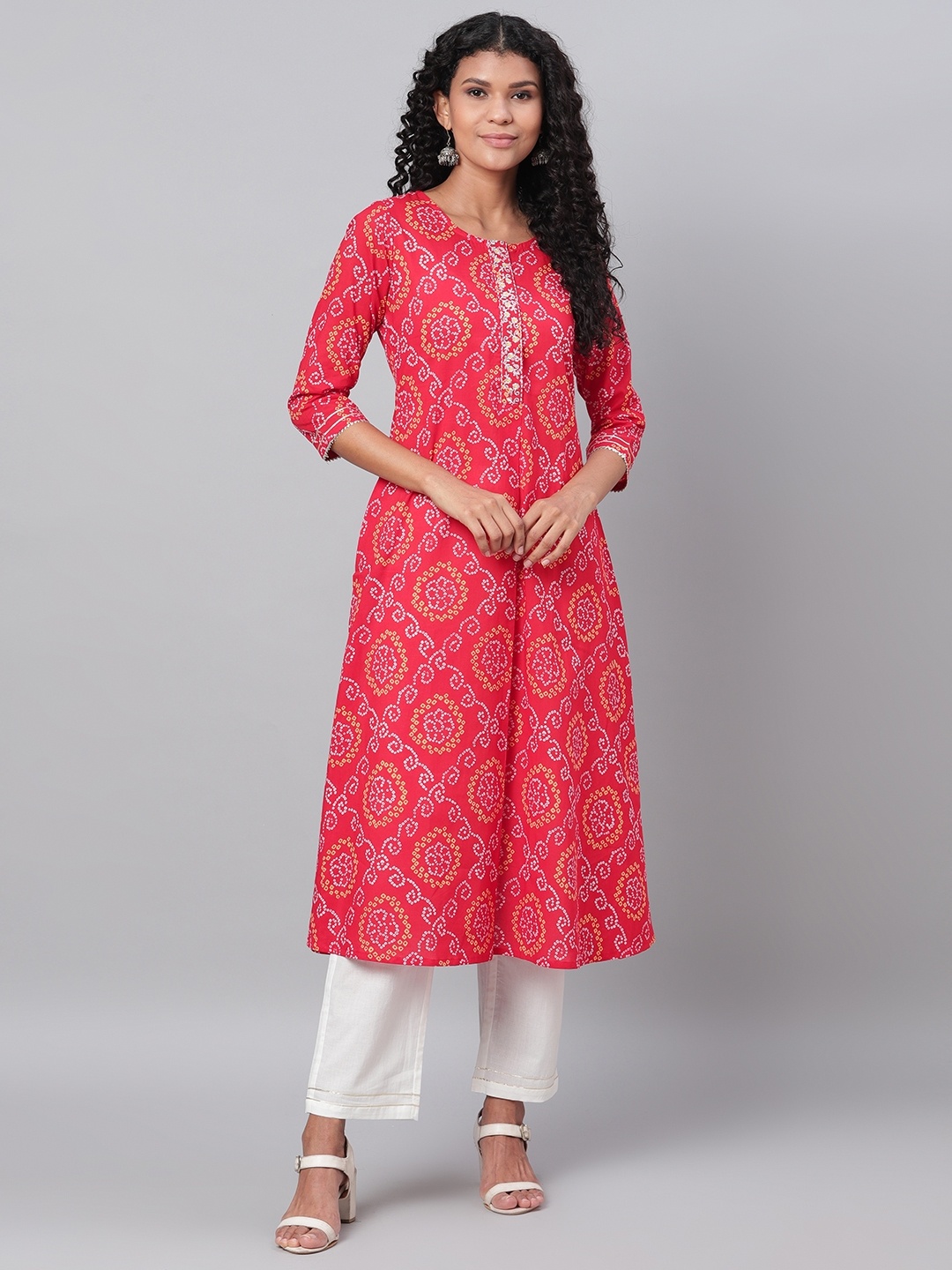 

Myshka Women Red & White Bandhani Printed Kurta with Trousers