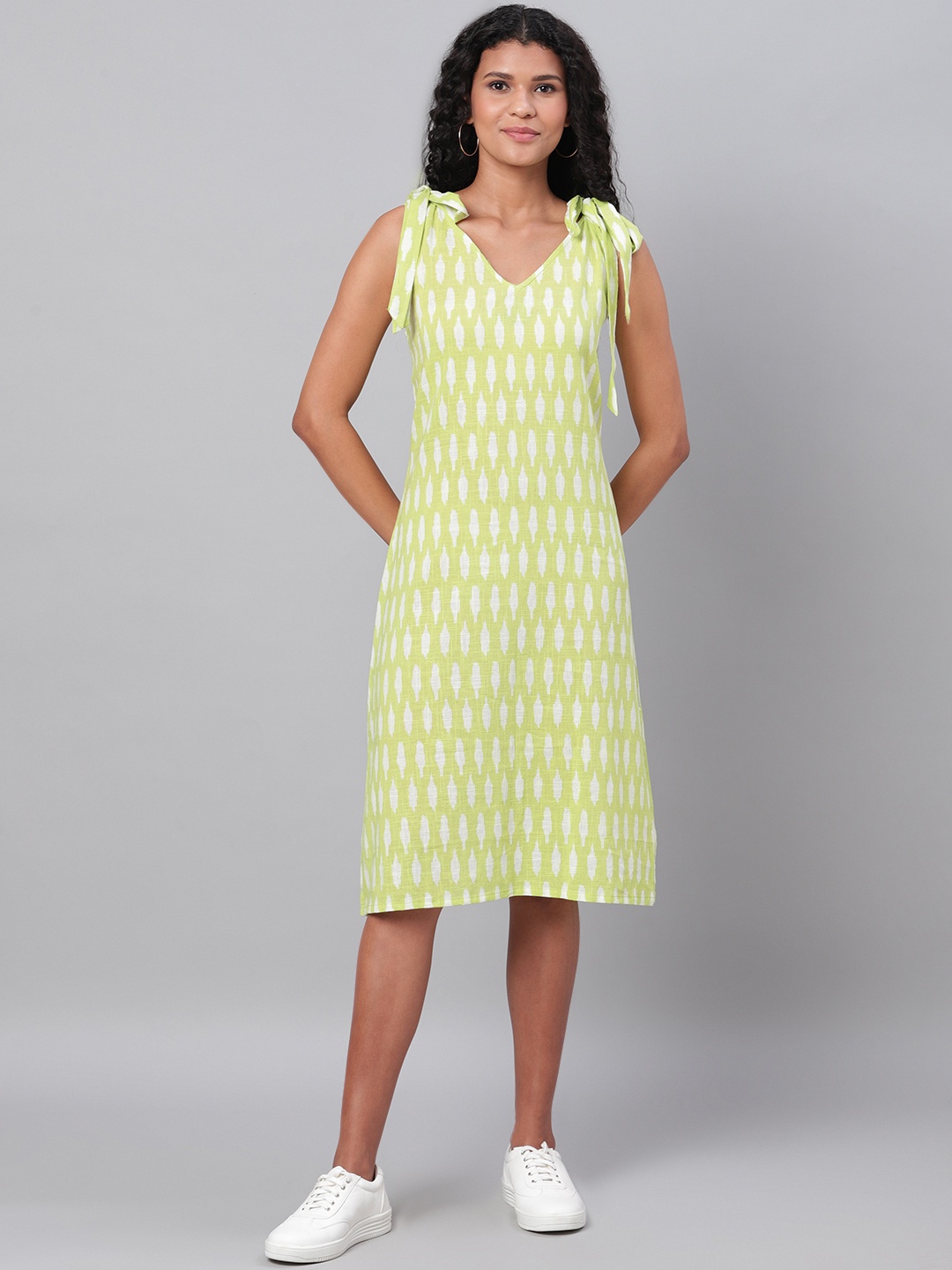

Myshka Women Lime Green & White Printed A-Line Dress
